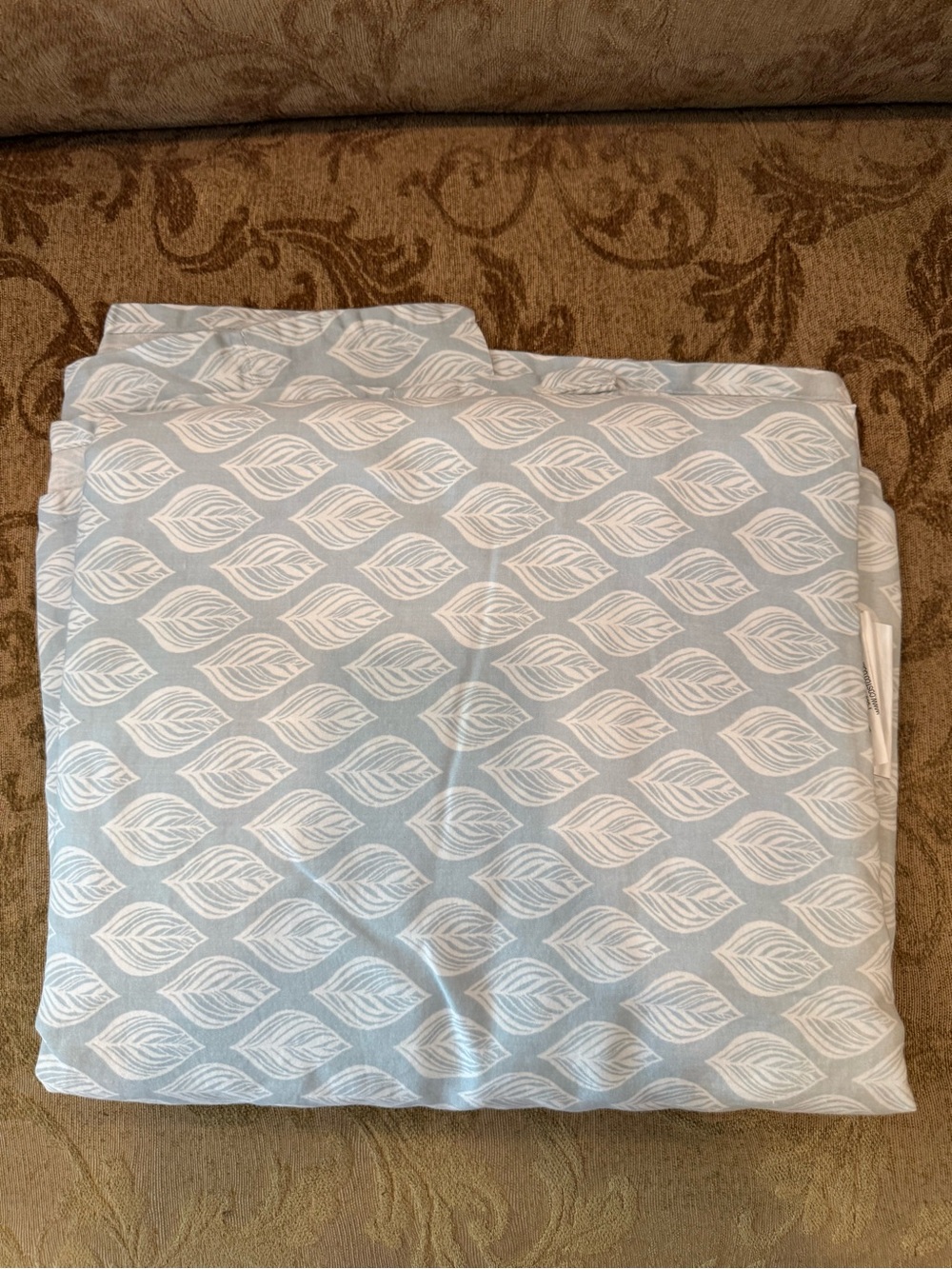 Full size bed flat sheet Light Blue/Green and White Leaf Print Fabric / Bedding